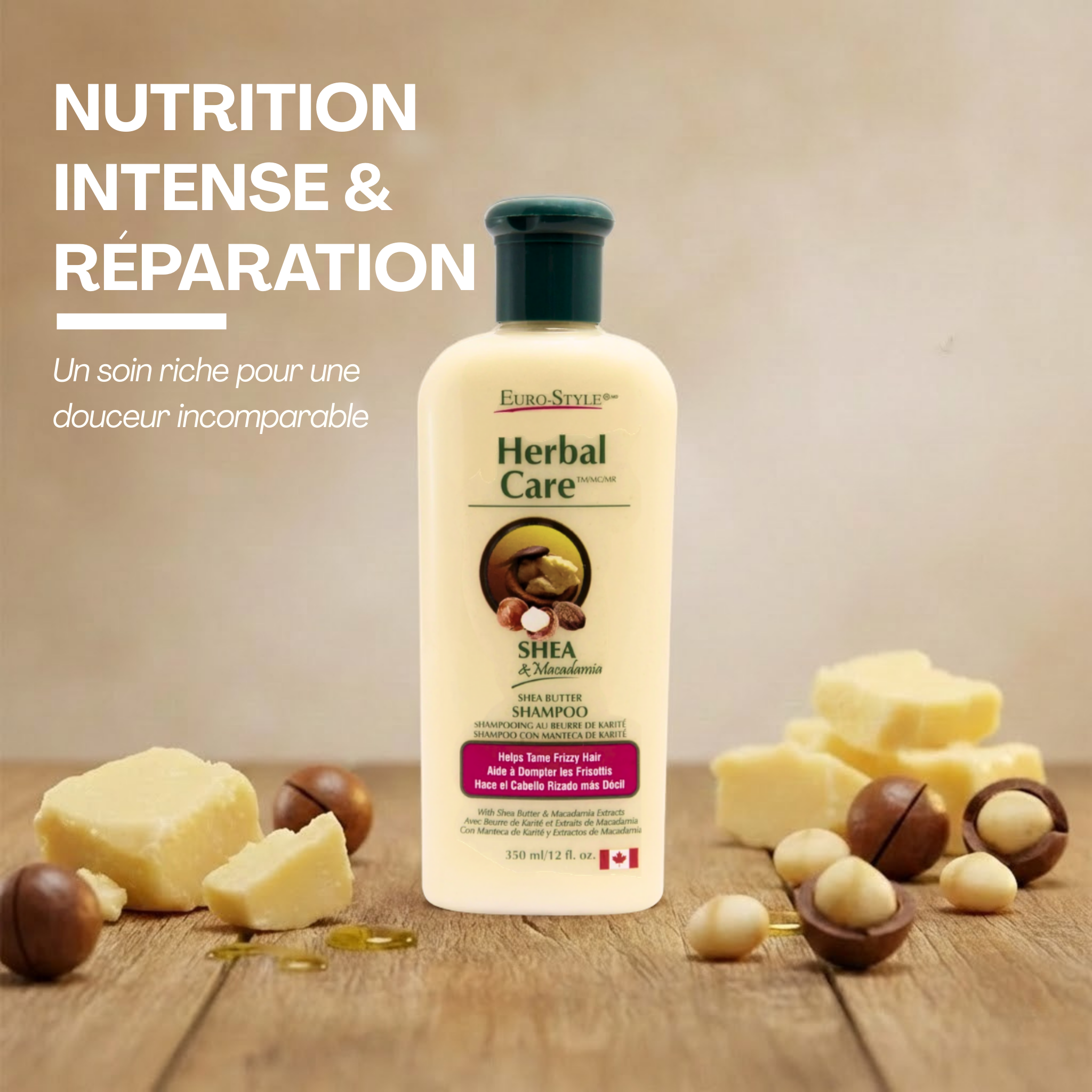 Herbal Care – Shampooing Anti-Frisottis, Beurre de Karité & Macadamia, 350ml